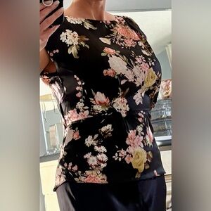 Vince Camuto Black Floral Satin Blouse with Pink & Cream Flowers